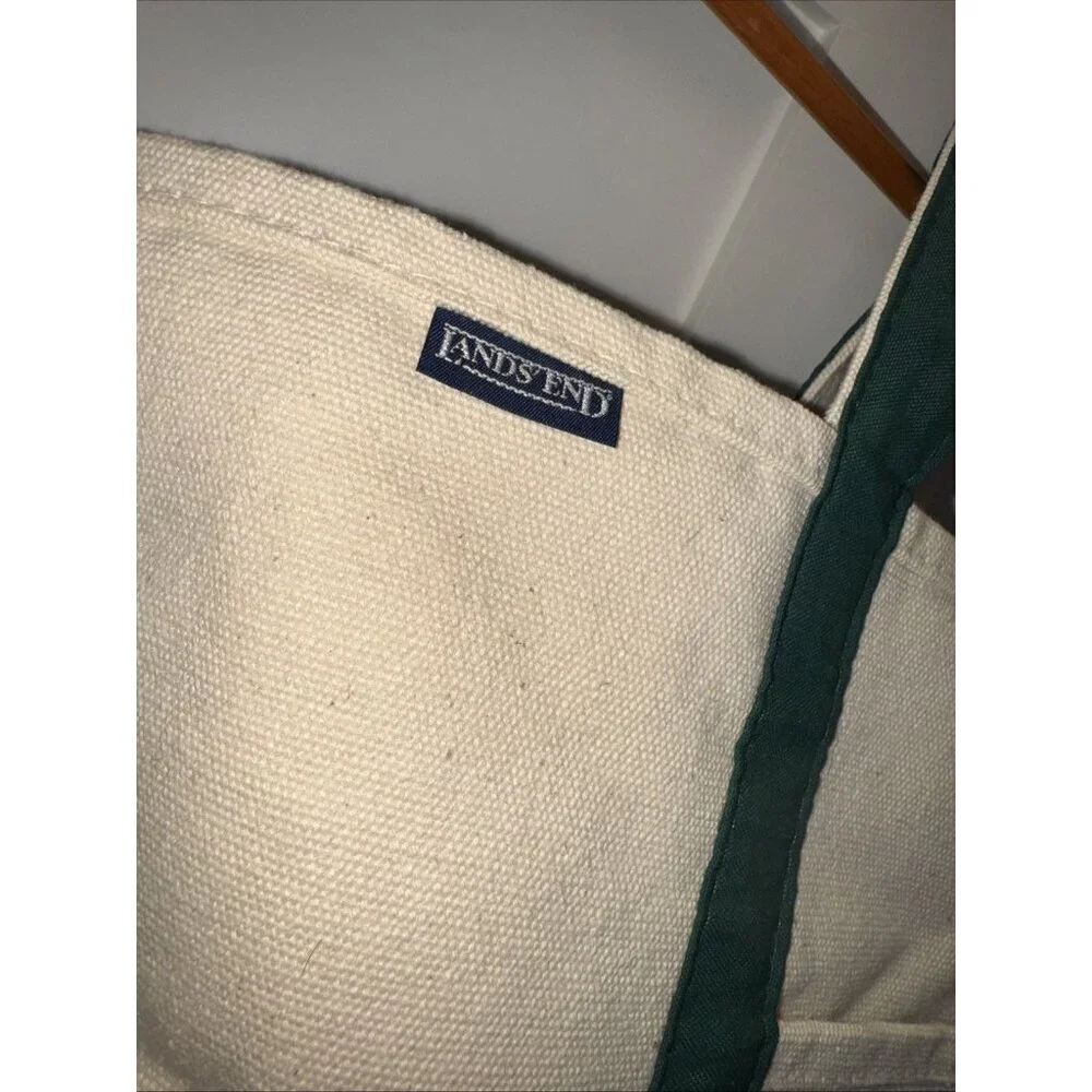 Lands End Boat and Tote XL Tote Bag Handbag Green Ivory USA - Picture 2 of 10